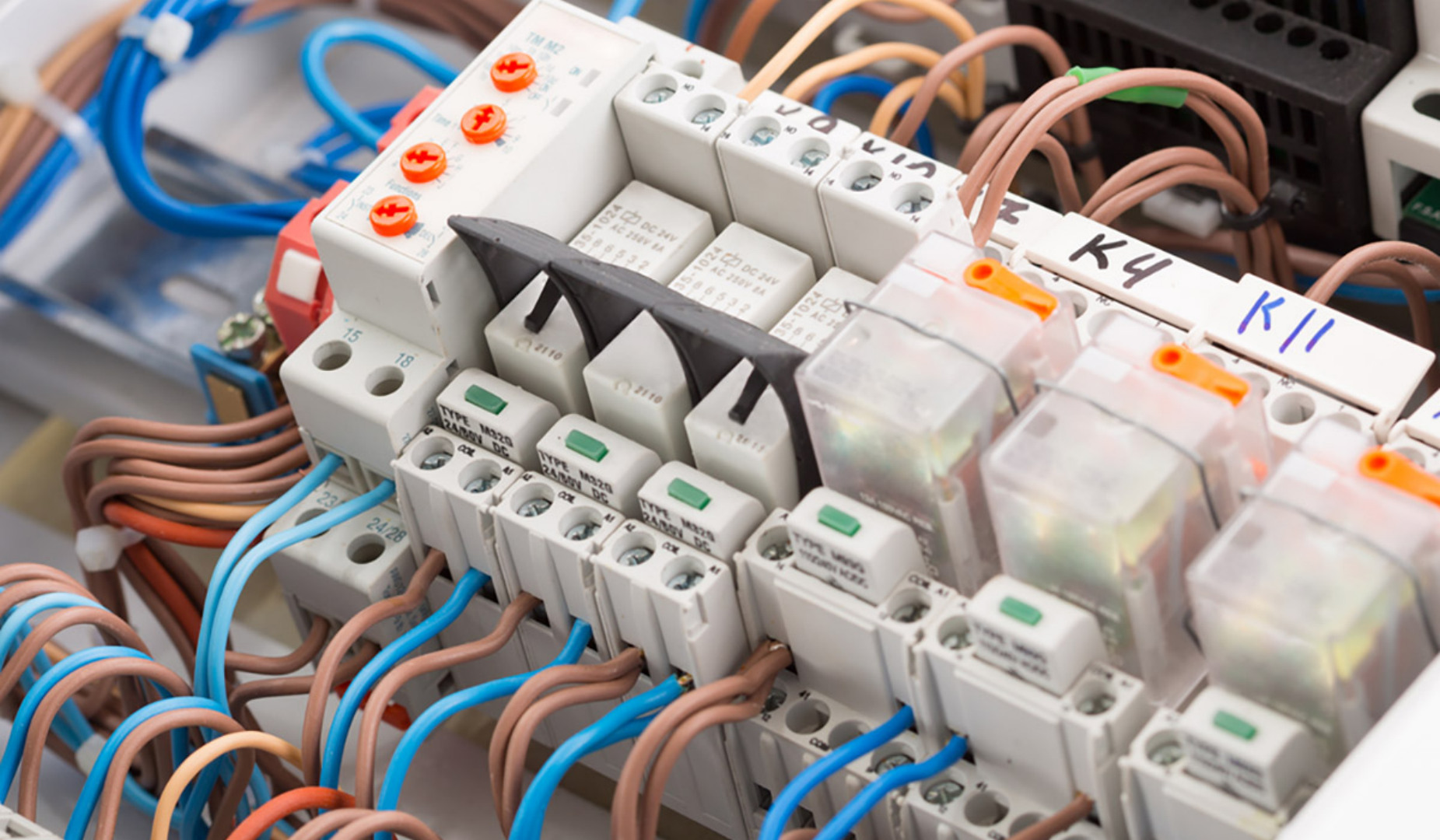 Closeup of electrical supplies in switchgear cabinet
